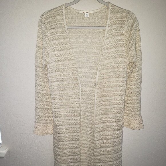 MiAmi Sweaters - MiAmi, M, crochet and lace long (above the knee) open front cardigan Ivory color